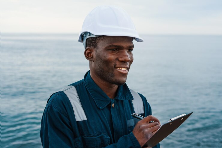 glad-black-seaman-making-notes-against-sea-water_461973-2202